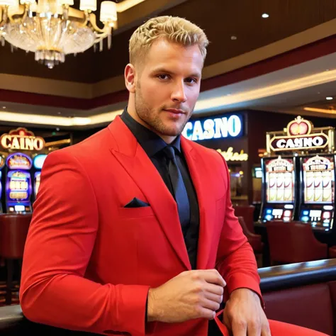 arafed man in a red suit and black tie in a casino