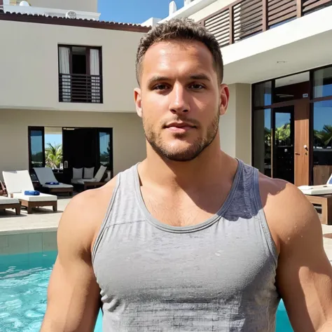 arafed man standing in front of a swimming pool in a grey tank top