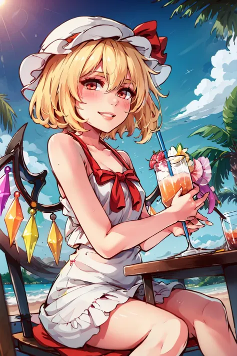 sitting at table, vivid detailed tropical drink, two straws, white sundress, sun hat, flowing winds, sunny, outdoors, upper body...