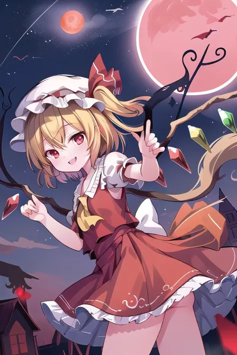 masterpiece, best quality,ultra detail, Flandre_Scarlet_Touhou,1girl, blonde hair,wings, red eyes,hat,crystal, one side up, ribb...