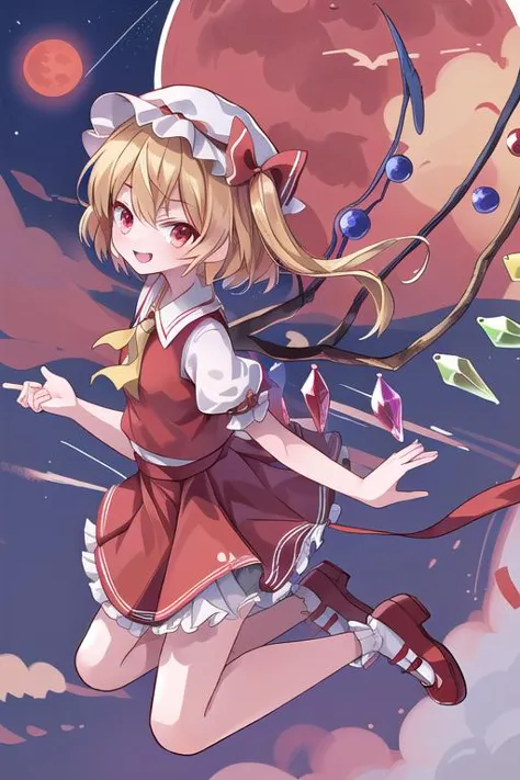 masterpiece, best quality,ultra detail, Flandre_Scarlet_Touhou,red shoes,1girl, blonde hair,wings, red eyes,hat,crystal, one side up, ribbon, <lora:Flandre_Scarlet_Touhou:0.7>,night sky,red moon,evil smile,flying sky,floating air,from above,stylish pose