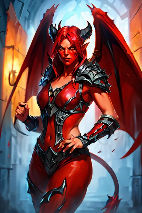 a woman in a red outfit with horns and a demon's head