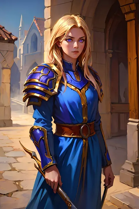 a woman in a blue dress holding a sword and a sword