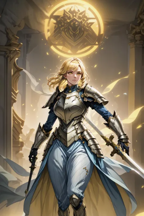 1girl, cowboy shot of beautiful paladin, yellow eyes, windblown long blonde hair, white heavy armor, sword, pauldrons, glowing h...