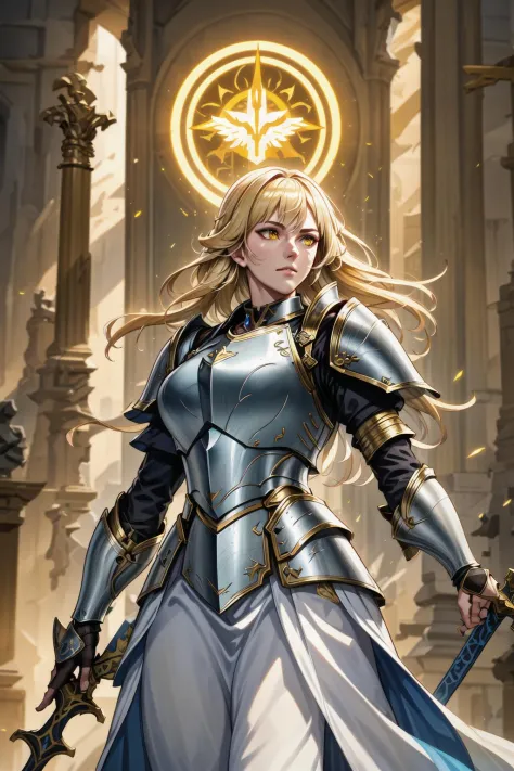 1girl, cowboy shot of beautiful paladin, yellow eyes, windblown long blonde hair, white heavy armor, sword, pauldrons, glowing halo, temple indoors, volumetric lighting, best quality, masterpiece <lora:sxz-blizz-new-2:0.8>  <lora:more_details:0.5>