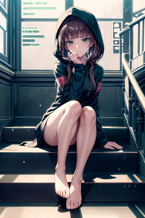 anime girl sitting on stairs with hoodie on