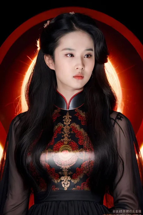 <lora:liuyifei_dragon_mj7_2:0.3>,Portrait of a beautiful liuyifei with wavy hair, wearing a formal black dress with metal parts, red eyes, monograms in the background, digital painting, dark colours, 8k, complex details, vintage, retro futuristic style, sharp focus on the centre, pastel colours, artstation, (sci-fi, future, future theme), (facial expression looking with disdain), (detailed illustration),<lora:add_detail:0.6>, <lora:epi_noiseoffset2:0.6>