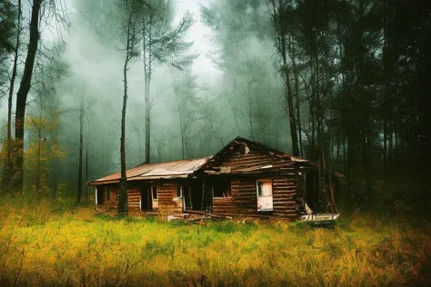 arafed cabin in the woods with foggy sky