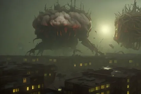 a close up of two giant monsters flying over a city