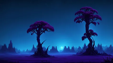 ethereal fantasy concept art of  voodoo alien landscape, eclectic,unholy,minimalist,smooth,jagged vegetation, neon blue colored hues, scenic, magnificent, celestial, ethereal, painterly, epic, majestic, magical, fantasy art, cover art, dreamy