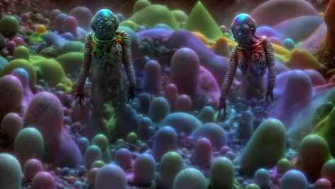 there are two alien men standing in a field of colorful rocks