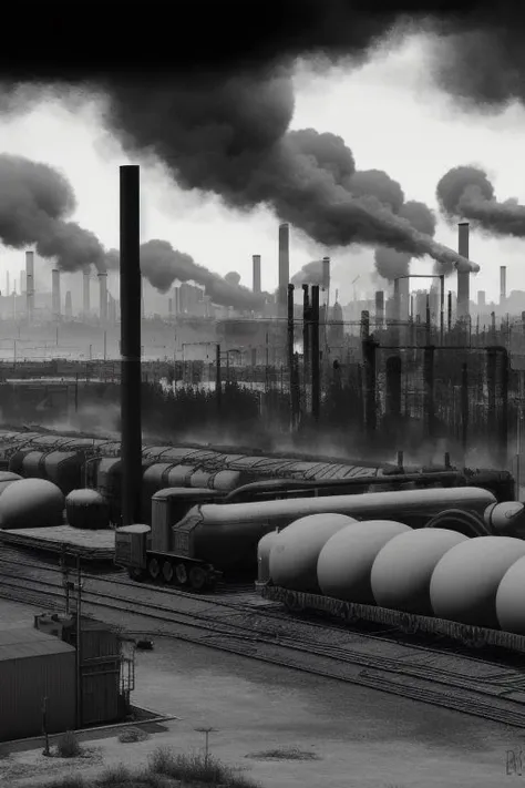 arafed black and white photo of a factory with smoke coming out of it