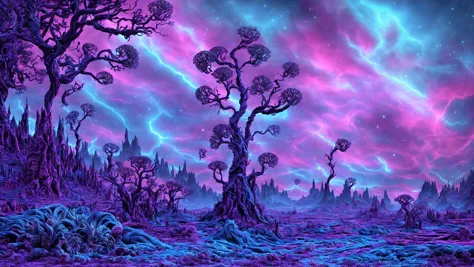 a purple and blue landscape with trees and a purple sky