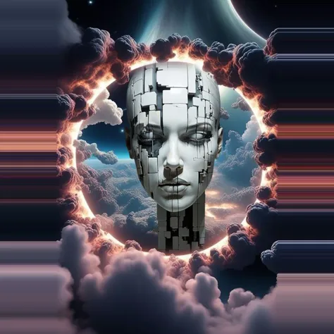 a close up of a person's head in a cloud filled sky