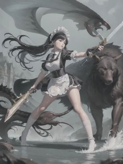 masterpiece, best quality, ultra-detailed, illustration, 1girl, high definition, ((housemaid, white socks, very long black hair, wet)), bonnet, dynamic view, blue,( <lora:attackingConcept:0.5>, detailed  character holding weapon, attack action, using weapon), (((monster, animals, landscape)))