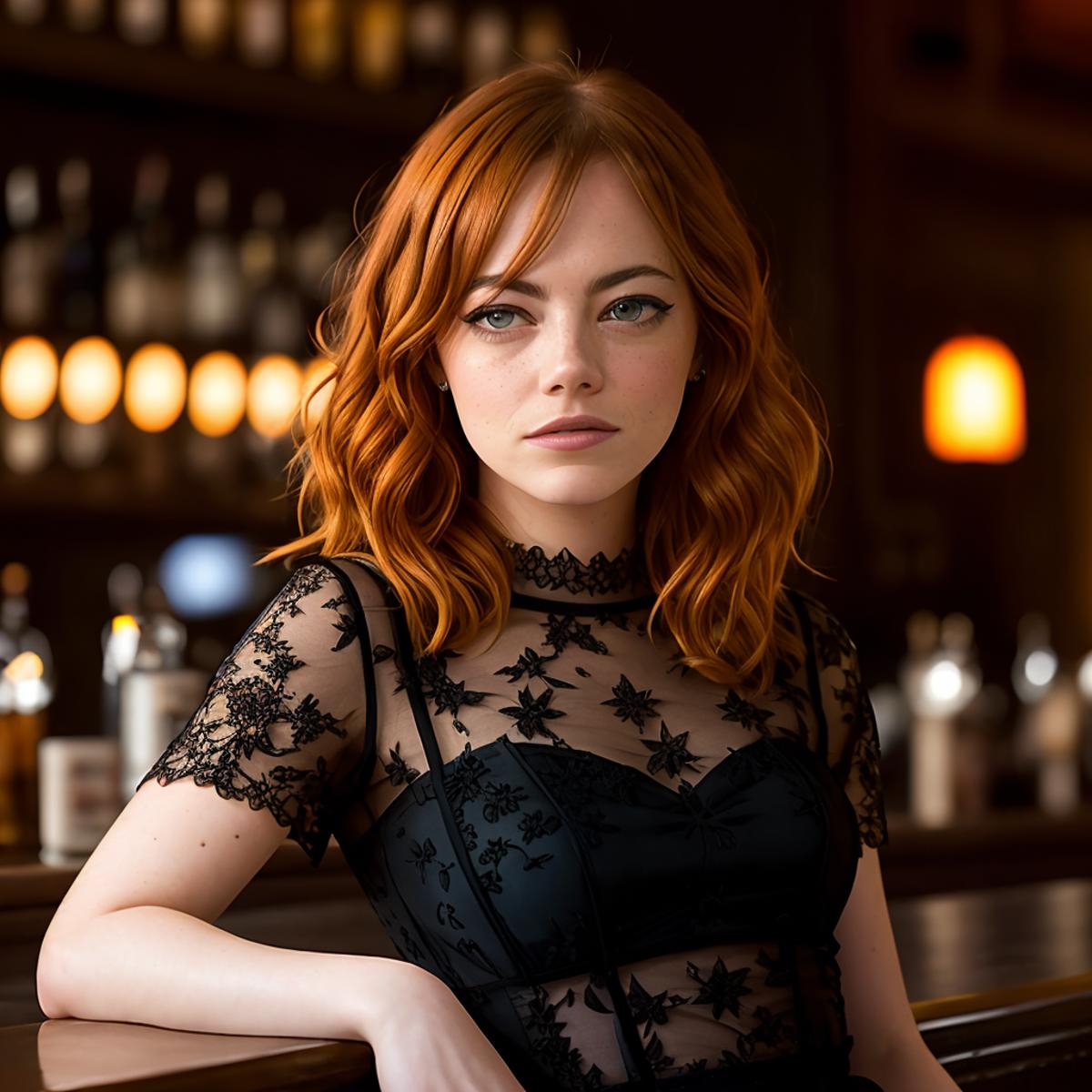 Photo of emma stone, beautiful woman sitting on a bar table hair up hair up  swee - SeaArt AI