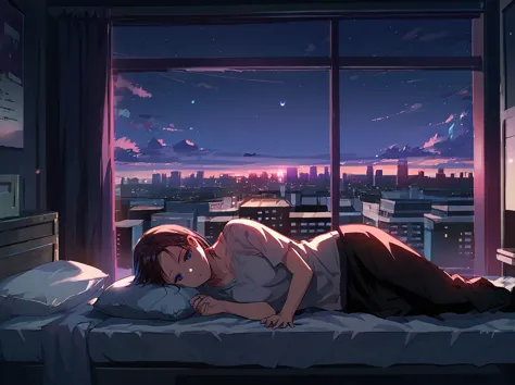 anime girl laying on bed with city view at night