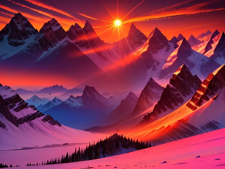 a painting of a mountain range with a sun setting over it