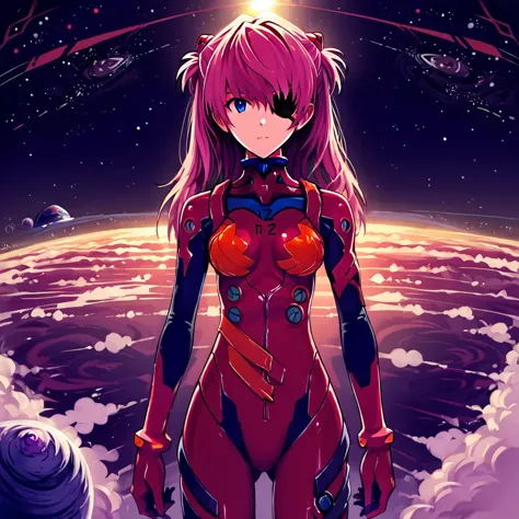 a woman in a red suit standing in front of a planet