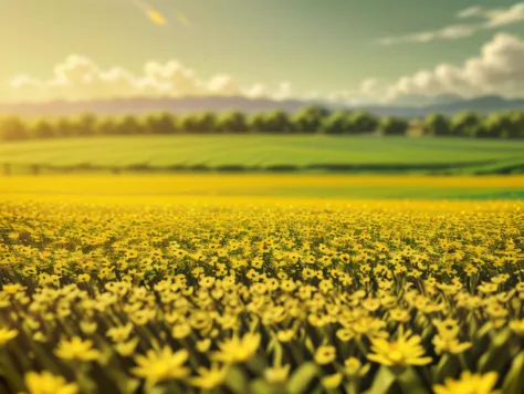 a field of yellow flowers with a bright sun in the background