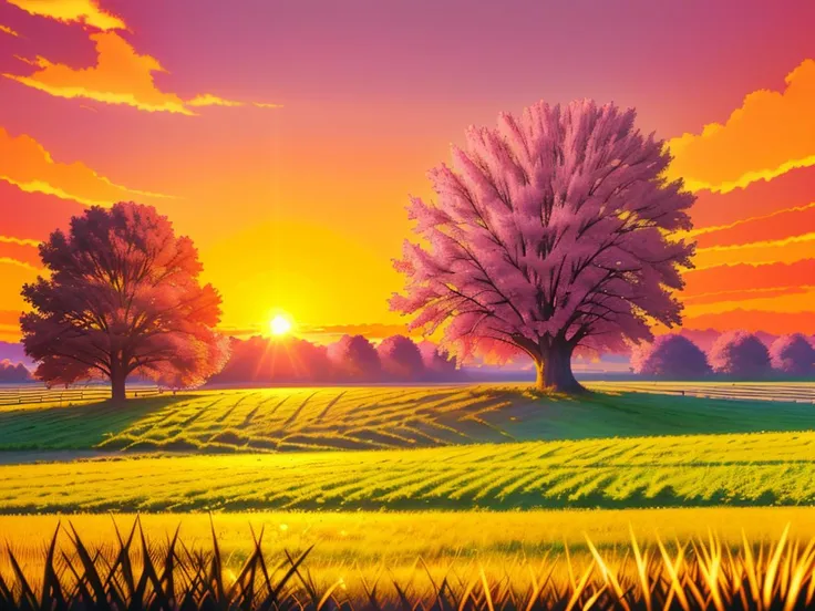 a painting of a sunset with a tree in the middle of a field