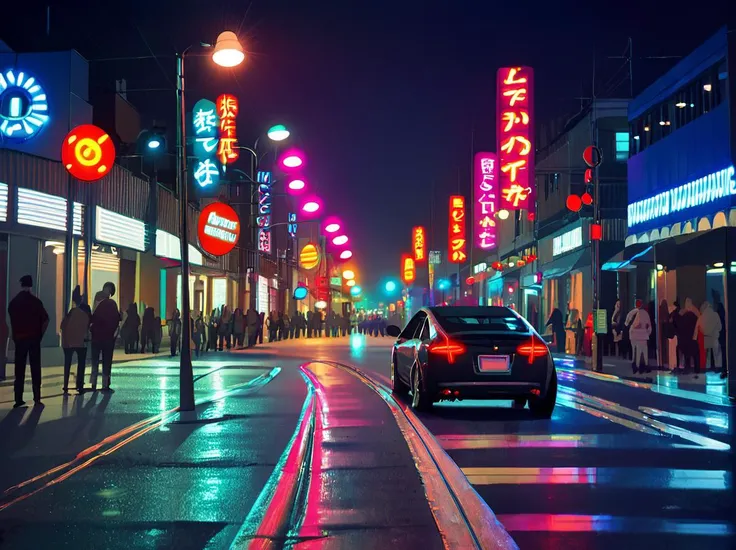 cars are driving down a city street at night with neon signs