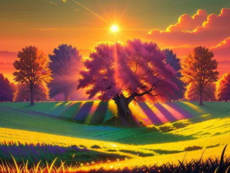 a painting of a tree in a field with the sun shining through it