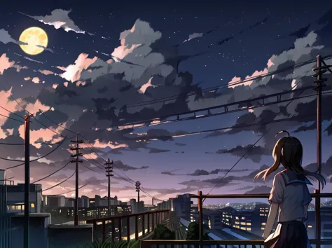 anime girl looking at the sky with a full moon in the background