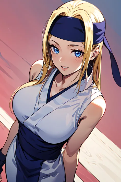 masterpiece,best quality, unreal engine, ultra res, extremely detailed,
1girl, waist, slender, (muscular:0.6), thigh
ROUND BREASTS, big BREASTS
, parted lips, watchig at viewer,
above shot,  high angle shot,
simple background
(anime style:1.3), key visual,
blonde hair, long hair, white japanese clothes, bare arms, fingerless gloves,  headband, blue eyes, fingerless gloves,
upper body,
smile