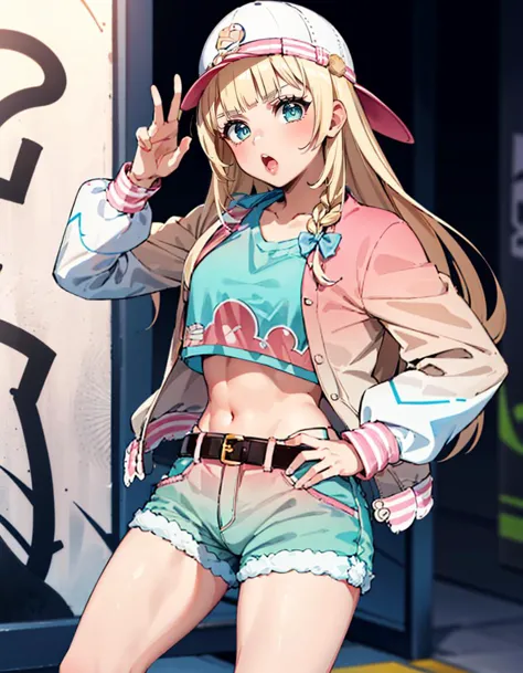 1girl, solo, (alley, graffiti), :o, (jojo pose:1.4), IrohaCasual, long hair, blunt bangs, baseball cap,  backwards hat, pink jacket, crop top, belt, gradient shorts