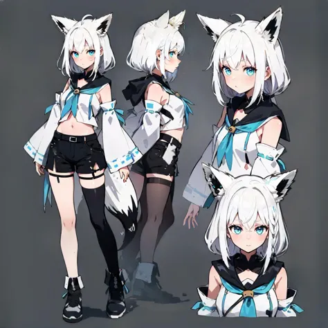 CharacterSheet, multiple views, full body, upper body, reference sheet, simple background, fubuki, white hair, single side braid, (fox tail:1.2), fubukidefault, white blouse, [midriff::15], detached sleeves, black short shorts, blue neckerchief, thigh strap, single thighhigh 