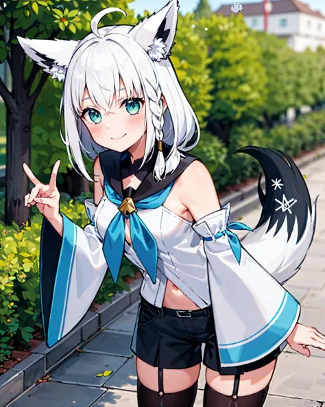 1girl, solo, park, tree, cobblestone road, cowboy shot, (double fox shadow puppet), [leaning forward], fubukidefault, white blouse, [midriff::0.3], detached sleeves, black short shorts, blue neckerchief, thigh strap, single thighhigh, fox tail, single side braid, ahoge, white hair, smile 