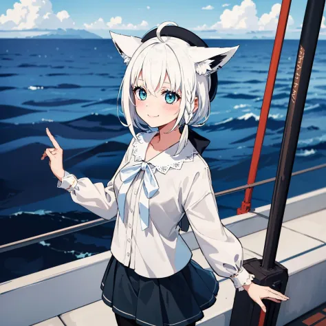 1girl, solo, on a ship, (middle of the ocean:1.4), smile, fubukicasual, white hair, single side braid, ahoge, fox tail, (white s...