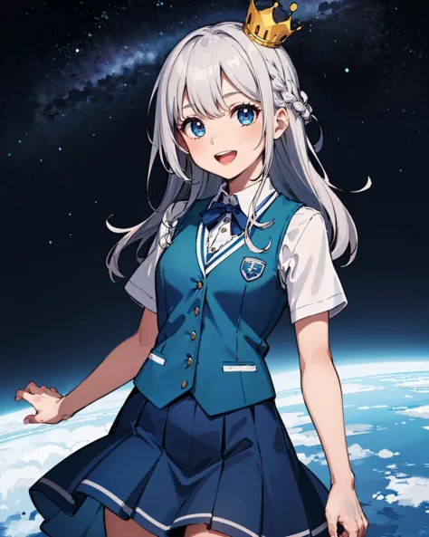 1girl, solo, panorama, space, gray hair, long hair, crown braid, french braid, gradient eyes, shortstack, (blue vest, layered sk...