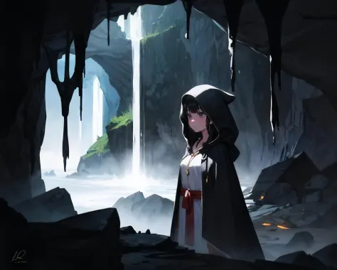 masterpiece, best quality, 1girl, cave, mysterious, dimly lit, stalactites, rugged terrain, ethereal glow, ancient symbols, hooded cloak, determined expression