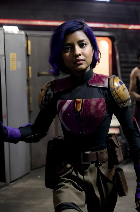 araffe dressed in a costume with purple hair and purple gloves