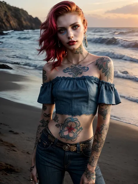 arafed woman with tattoos on her chest and chest standing on the beach