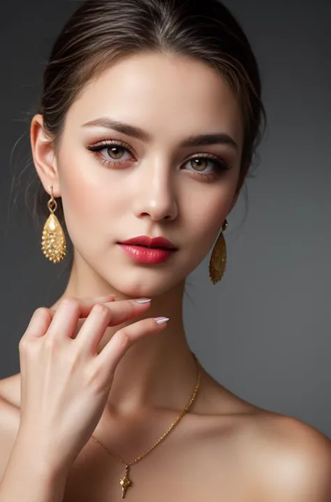 a woman wearing a gold necklace and earrings with a red lipstick