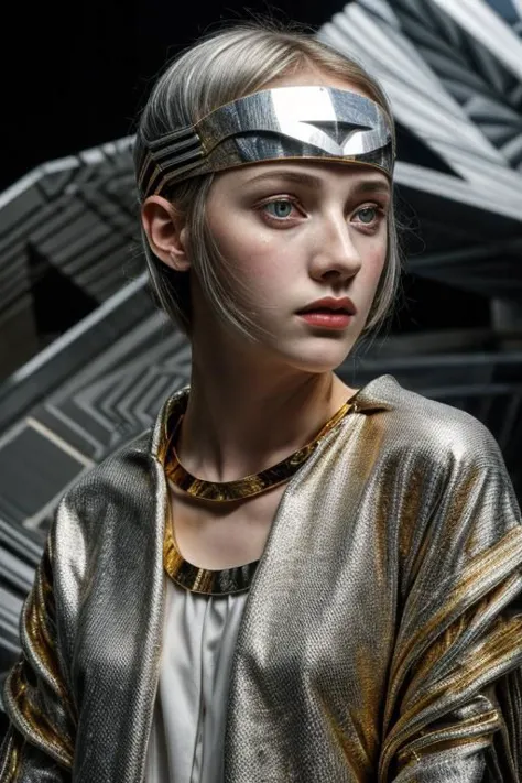 a woman with a silver headband and a gold dress