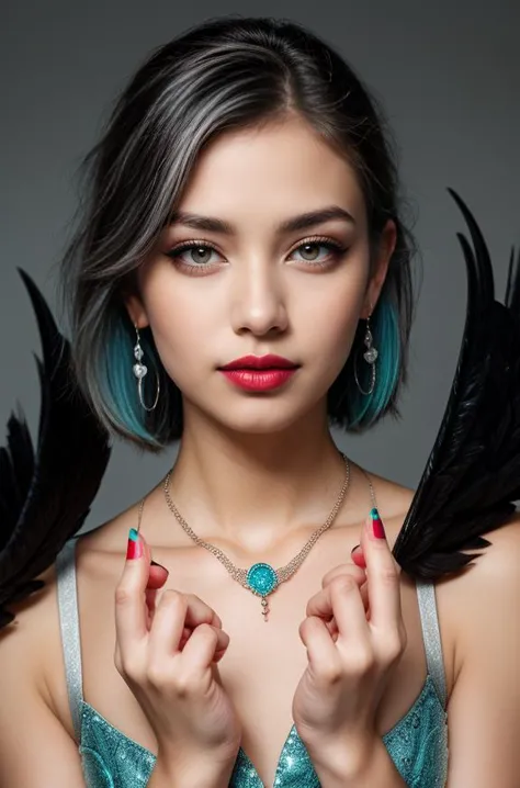 a woman with blue hair and black feathers holding a necklace