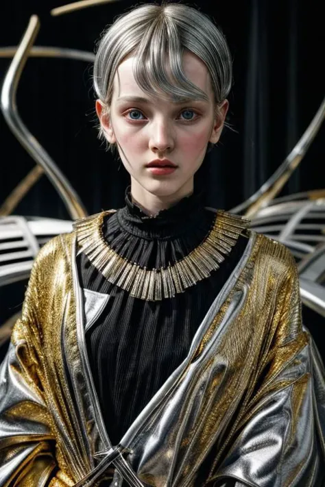 award winning movie still of a melodrama, medium full shot of young irish girl, wearing (french futurist avant-garde fashion, gold and silver:1.5), (sinister expression:1.2), perfect skin, skin pores, skin fuzz, vellus hair, goose bump, subsurface scattering, transluscency, intricately detailed, dramatic lighting, analog film grain finishing, snapshot-realistic-perfect, the-person-in-question, enhanced-details