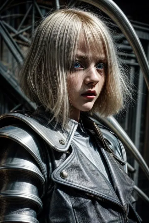 a close up of a woman in a leather jacket and a metal staircase