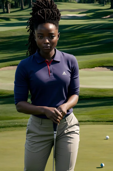 arafed woman standing on a golf course with a golf club in the background