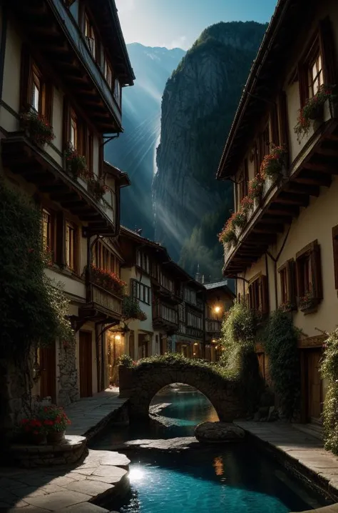 the hobbit, tolkien, a medieval village in switzerland with river and pool, ornate, beautiful, atmosphere, vibe, flowers, concep...