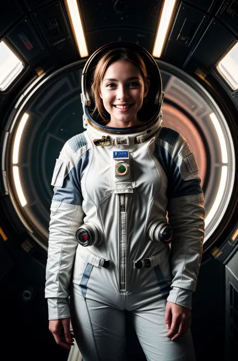 professional photograph
in space,1girl ,, spaceship interior, planets outside, looking at viewer, smile, (wearing spacesuit:1.1)...