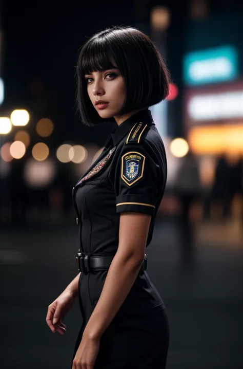 a woman in a police uniform standing on a city street