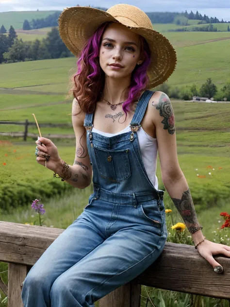 (quaint countryside setting, summer day), young adult woman, rustic casual summer fashion, (sitting on a wooden fence), thoughtful and serene pose, shoulder-length curly hair, light, sun-kissed makeup, (denim overalls over a simple white t-shirt), comfortable boots, (holding a straw hat), (background: rolling hills, a distant barn, wildflowers), soft sunlight, (sense of relaxation and connection with the rural landscape) (masterpiece:1.2),(punk girl,tattooed,rebellious,piercings,edgy,vibrant,mistress,glamour:1.2)