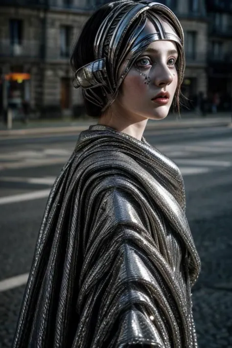 a woman with a silver headpiece and a black cape