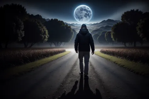 a man walking down a road towards a full moon