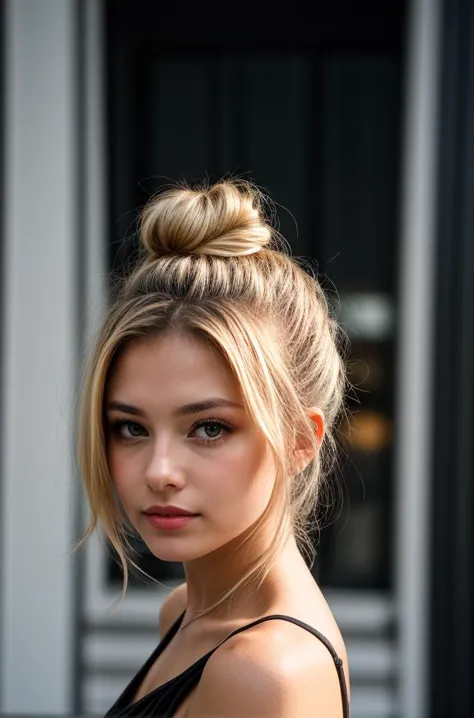 an eye contact of a blond with bun hair and dark theme
<lora:Detail Slider V2 By Stable :0.4>